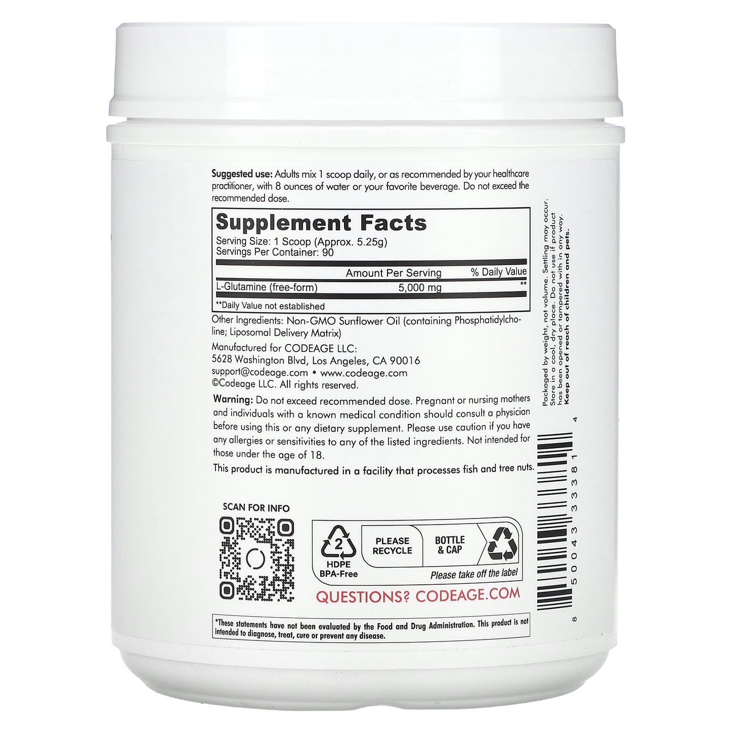 Codeage, Liposomal L-Glutamine+ Powder, Free-Form Amino Acid, Enhanced Absorption, Unflavored, 5,000 mg , 1 lb (472.5 g)