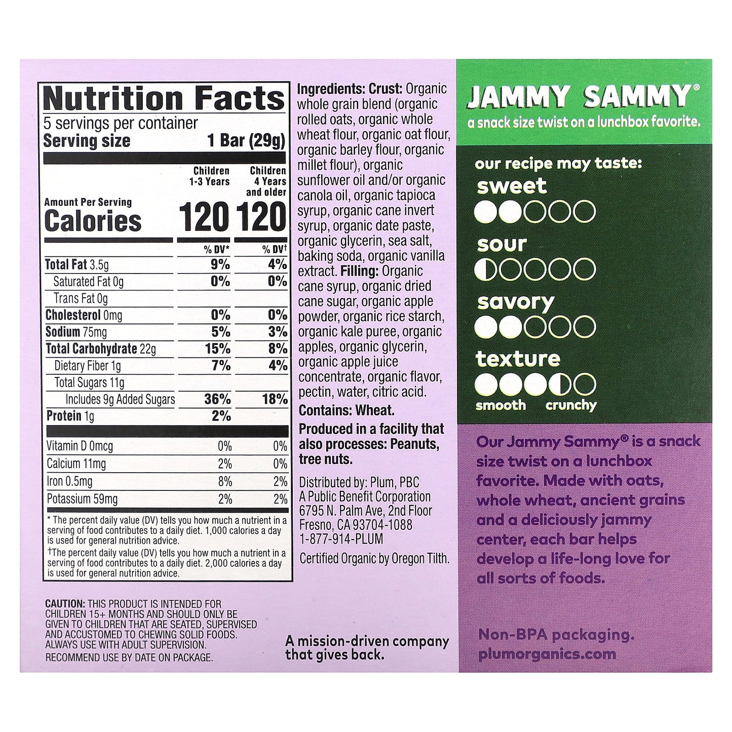 Plum Organics, Jammy Sammy, Snack Size Sandwich Bar, 15 Months and Up, Apple, Kale + Oatmeal, 5 Bars, 1.02 oz (29 g) Each