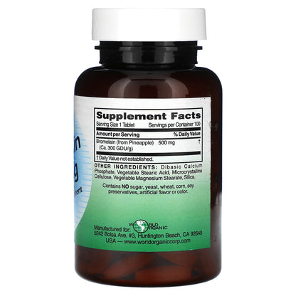 World Organic, Bromelain, 500 mg, 100 Tablets