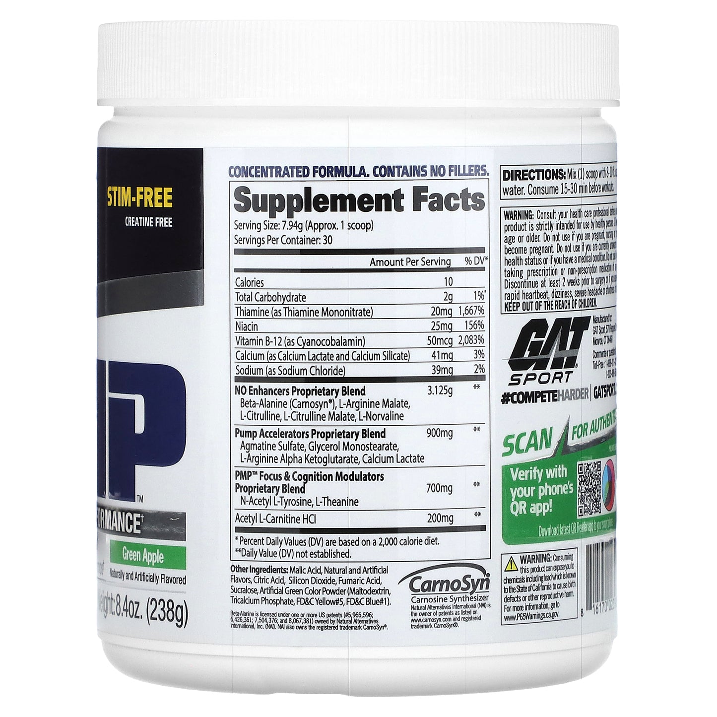 GAT, STM-Free PMP, Peak Muscle Performance, Green Apple, 8.4 oz (238 g)