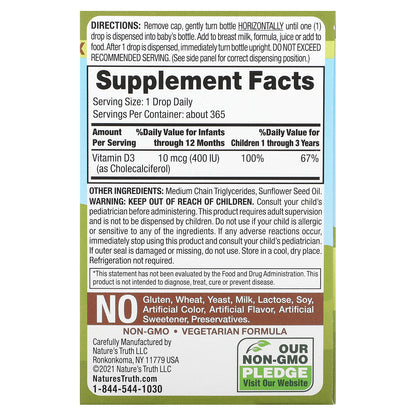 Nature's Truth, Vitamins, D3 Baby Drops, Newborn+, 10 mcg (400 IU), 0.31 fl oz (9.2 ml)