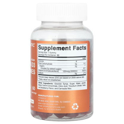 Vitamatic, Vegan Vitamin D3 Gummies, Strawberry, 125 mcg (5,000 IU), 60 Gummies