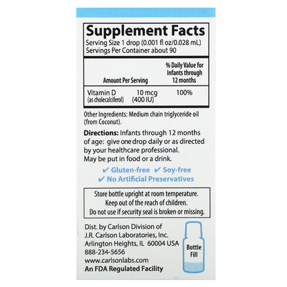 Carlson, Baby's Super Daily® D3, 10 mcg (400 IU), 0.086 fl oz (2.54 ml)