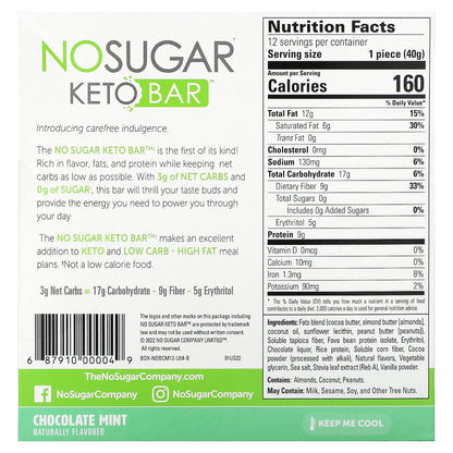 No Sugar Company, Keto Bar, Chocolate Mint, 12 Bars, 1.41 oz (40 g) Each