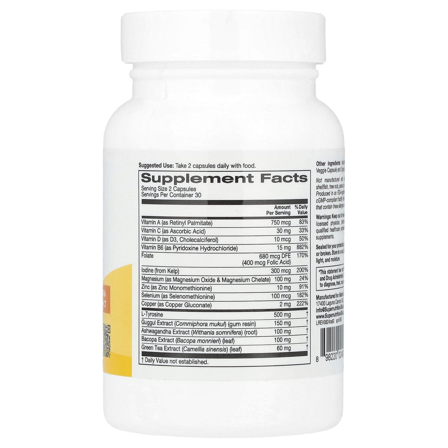 Super Nutrition, Thyroid Support with Guggul, Ashwagandha, Bacopa and Green Tea Extracts, 60 Veggie Capsules