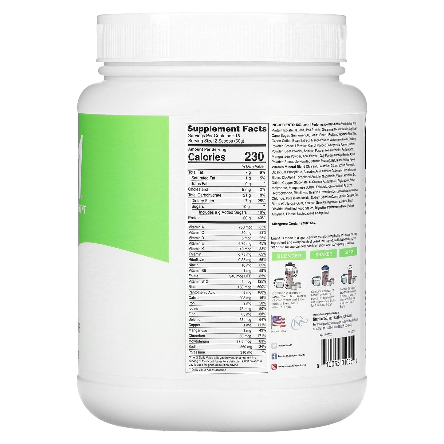 Lean1, Original, Fat Burning Meal Replacement Protein Shake, Cookies & Cream, 1.98 lb (900 g)