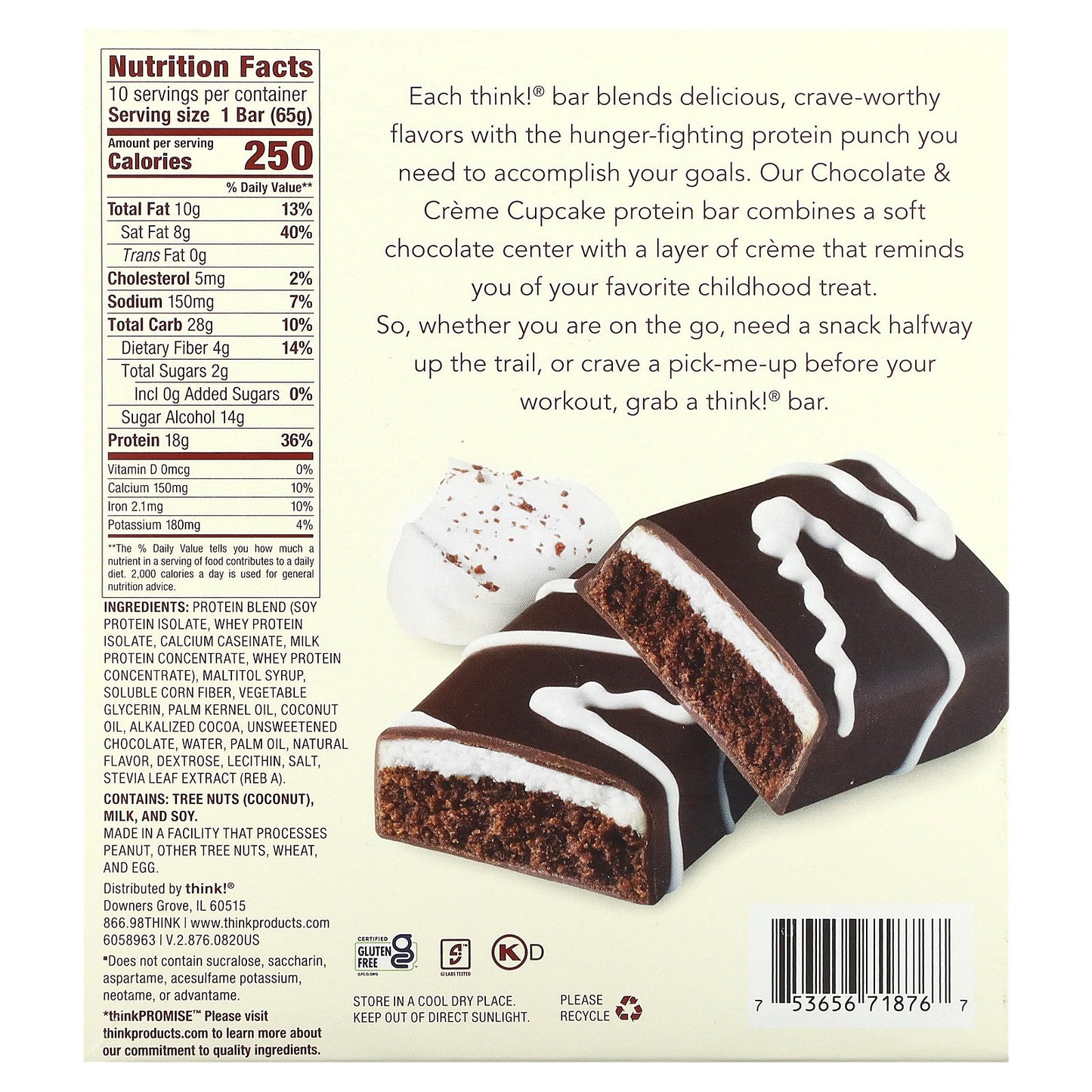 Think !, High Protein Bars, Chocolate & Creme Cupcake, 10 Bars, 2.29 oz (65 g)