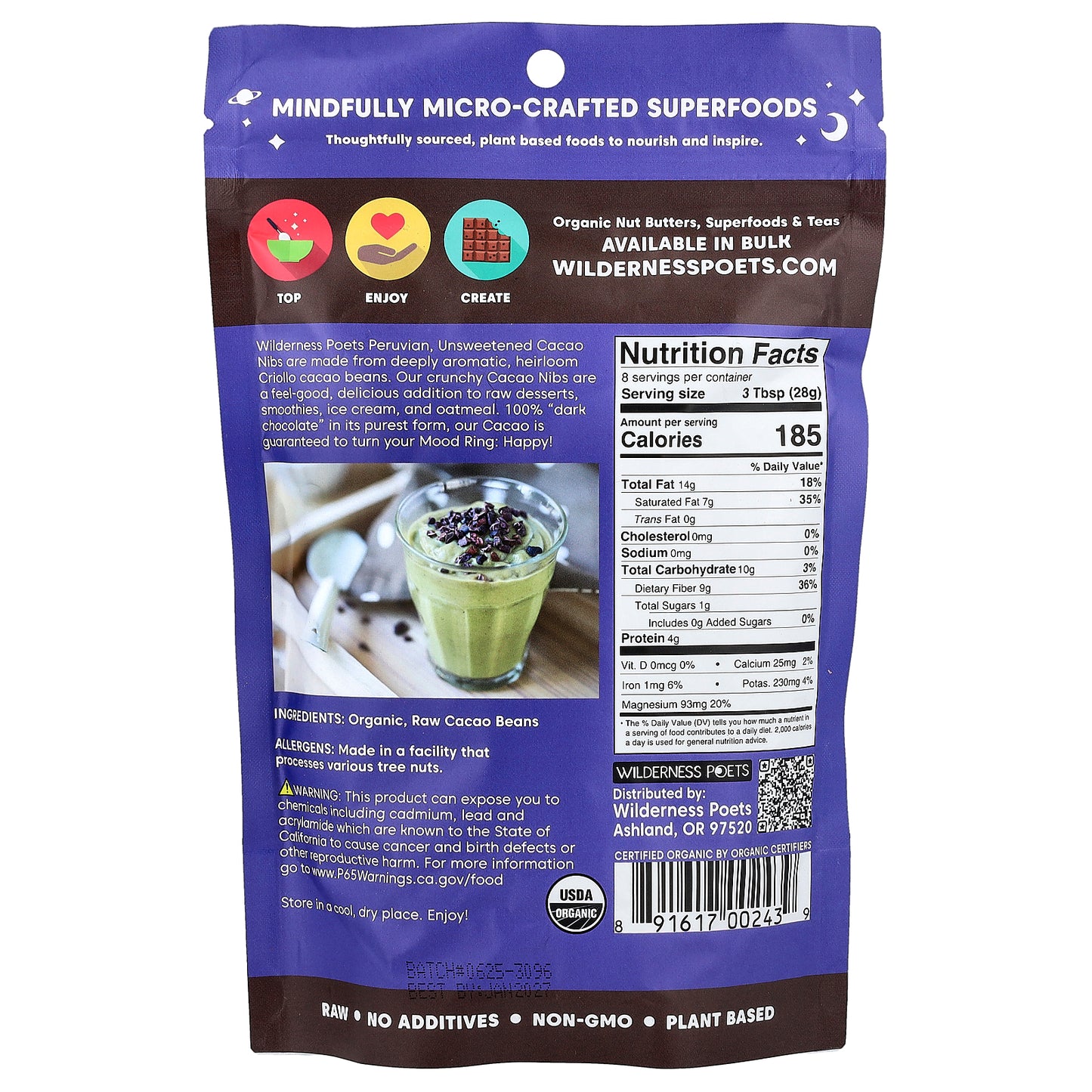 Wilderness Poets, Unsweetened Cacao Nibs, Dark Chocolate, 8 oz (226 g)