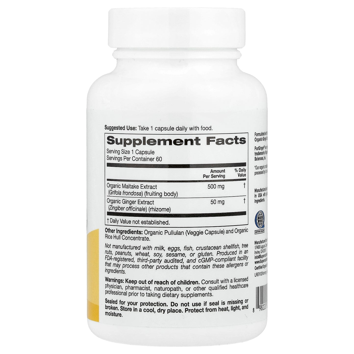 Super Nutrition, Organic Maitake Mushroom + Ginger, 60 Veggie Capsules