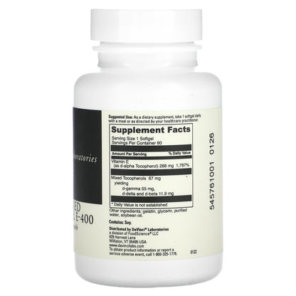 DaVinci Laboratories, Natural Mixed Tocopherol E-400, 60 Softgels
