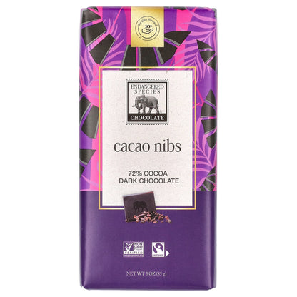 Endangered Species Chocolate, Cacao Nibs, Dark Chocolate, 72% Cocoa, 3 oz (85 g)