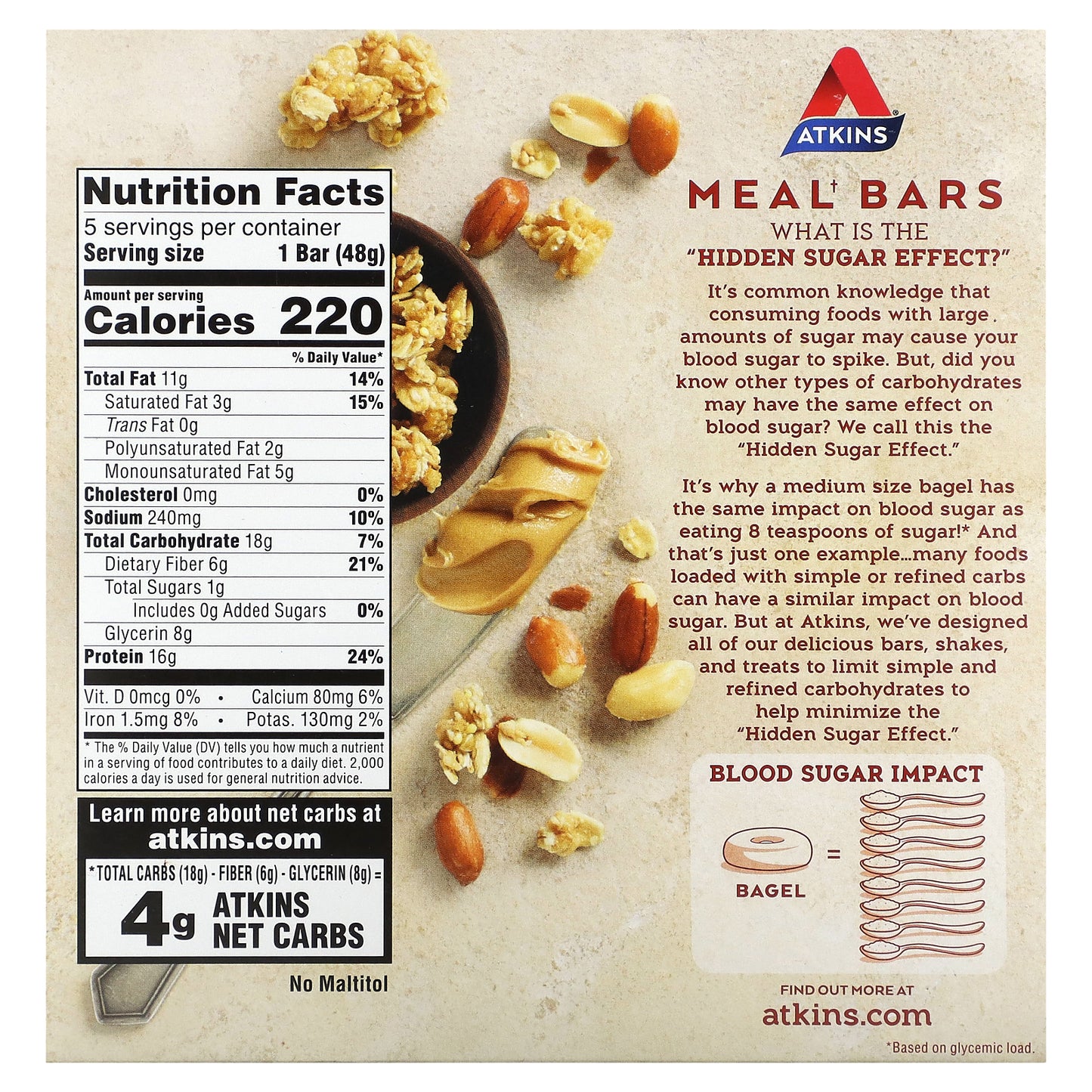 Atkins, Protein Meal Bar, Peanut Butter Granola, 5 Bars, 1.69 oz (48 g) Each