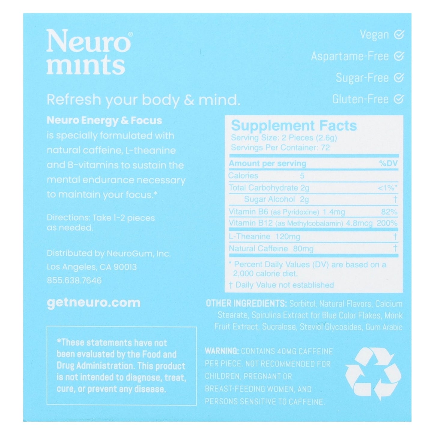 NeuroGum, NeuroMints, Energy & Focus, Peppermint, 12 Packs, 12 Pieces Each