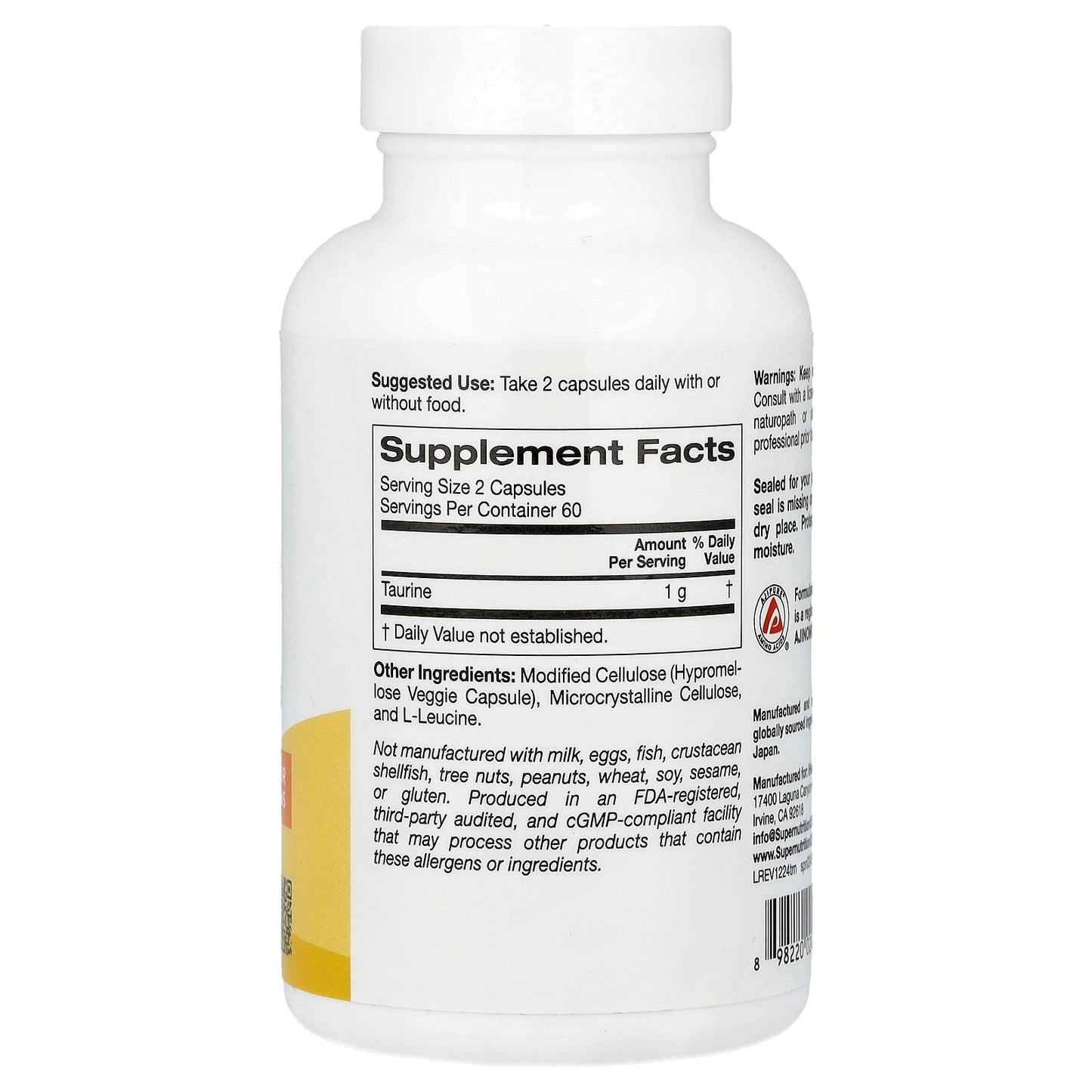 Super Nutrition, Taurine, 120 Veggie Capsules (500 mg per Capsule)