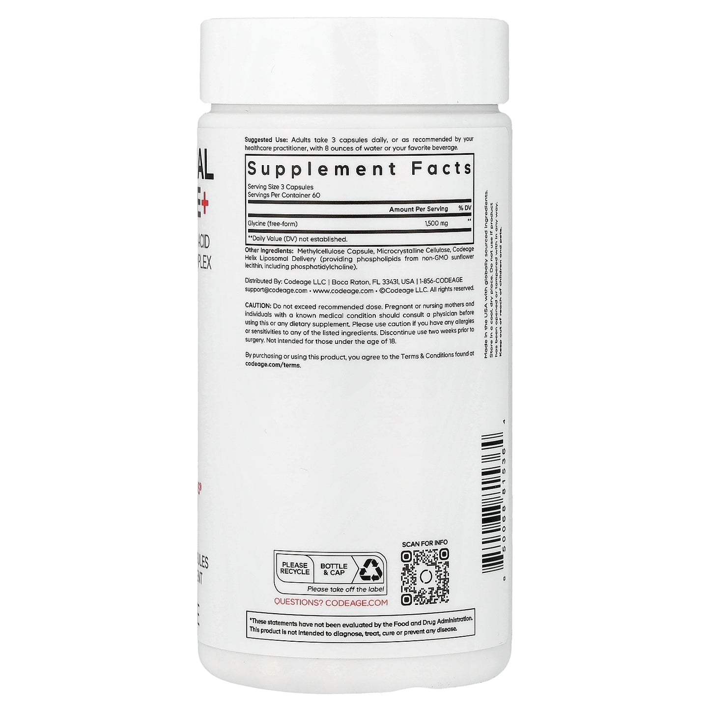 Codeage, Liposomal Glycine+, 180 Vegetable Capsules (500 mg per Capsule)