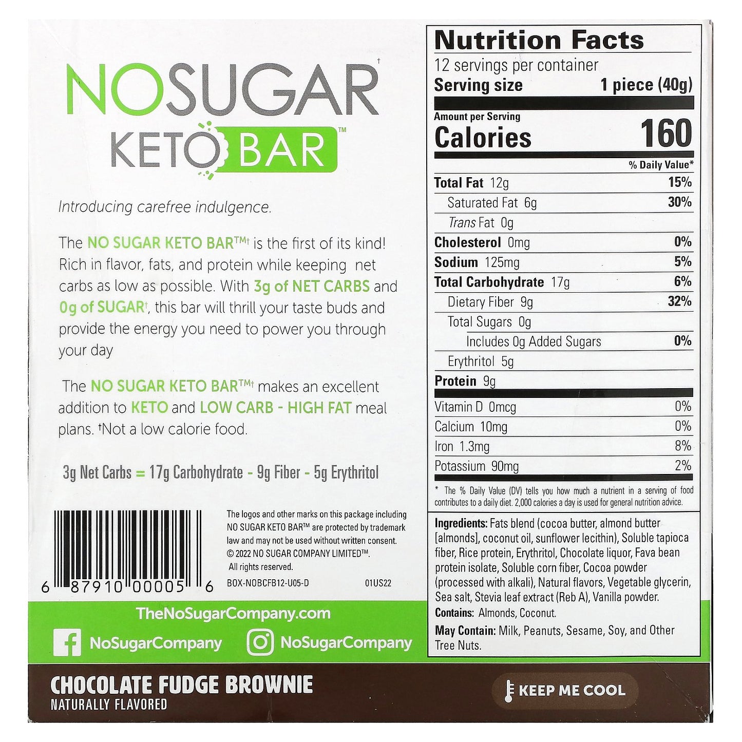 No Sugar Company, Keto Bar, Chocolate Fudge Brownie, 12 Bars, 1.41 oz (40 g) Each