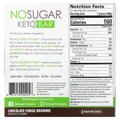 No Sugar Company, Keto Bar, Chocolate Fudge Brownie, 12 Bars, 1.41 oz (40 g) Each