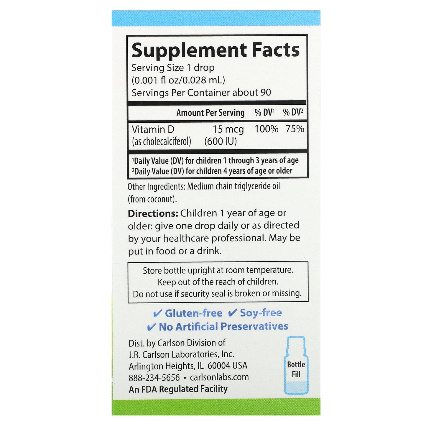 Carlson, Kid's Super Daily® D3, 15 mcg (600 IU), 0.086 fl oz (2.54 ml)