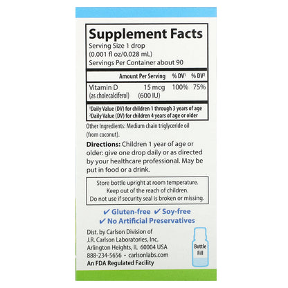 Carlson, Kid's Super Daily® D3, 15 mcg (600 IU), 0.086 fl oz (2.54 ml)