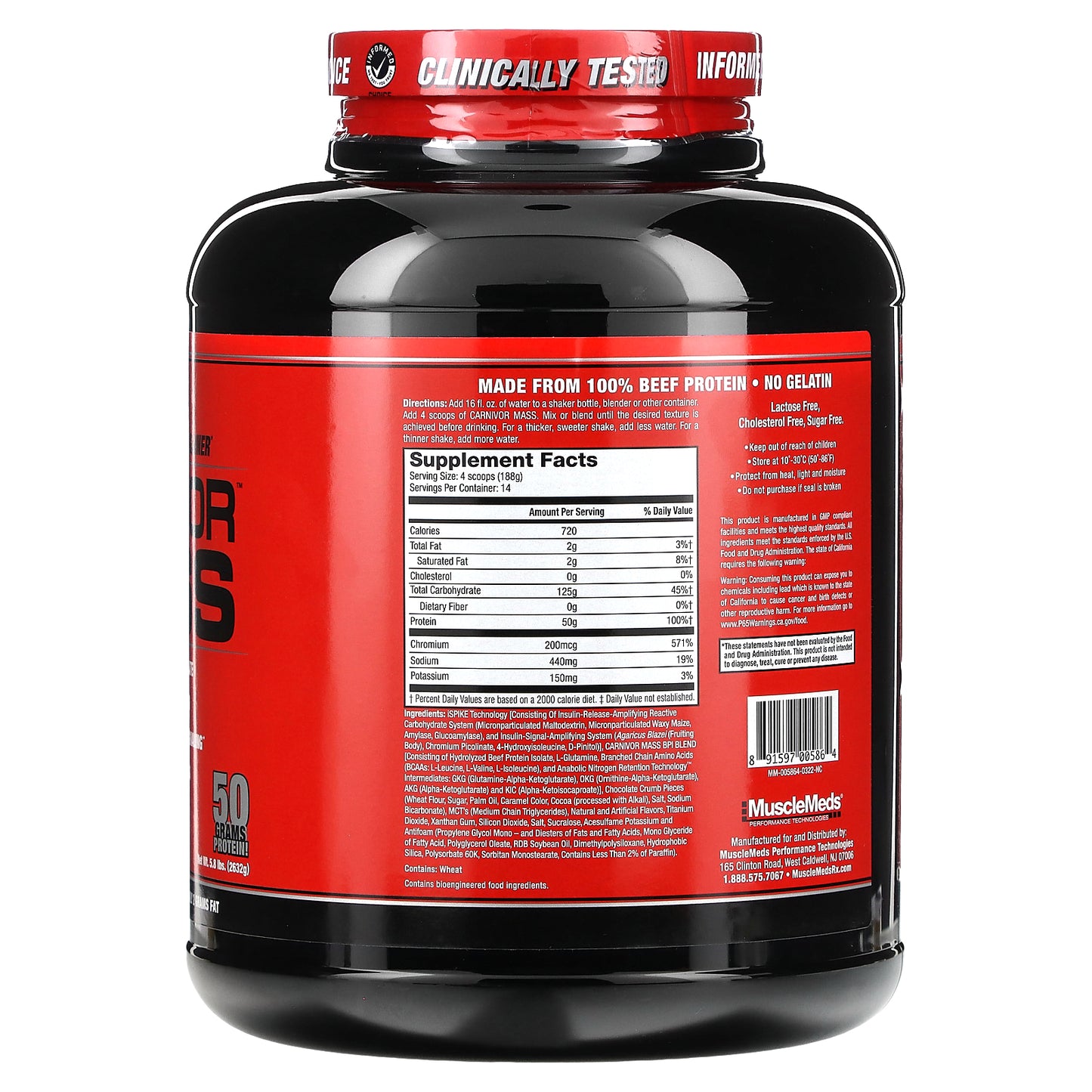 MuscleMeds, Carnivor Mass, Anabolic Beef Protein Gainer, Cookies & Cream, 5.8 lbs (2,632 g)