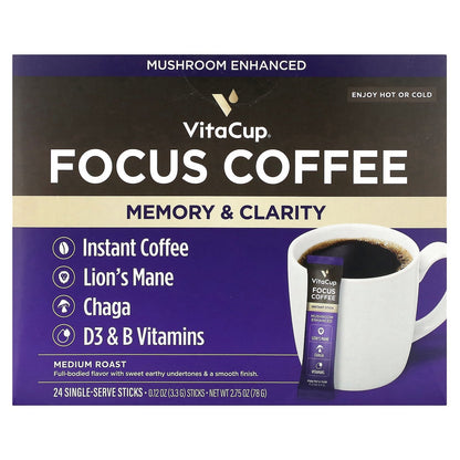 VitaCup, Focus Instant Coffee, Medium Roast, 24 Single-Serve Sticks, 0.12 oz (3.3 g) Each