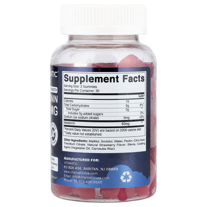Vitamatic, Melatonin Gummies, Natural Strawberry, Sugar Free, 60 mg, 60 Gummies