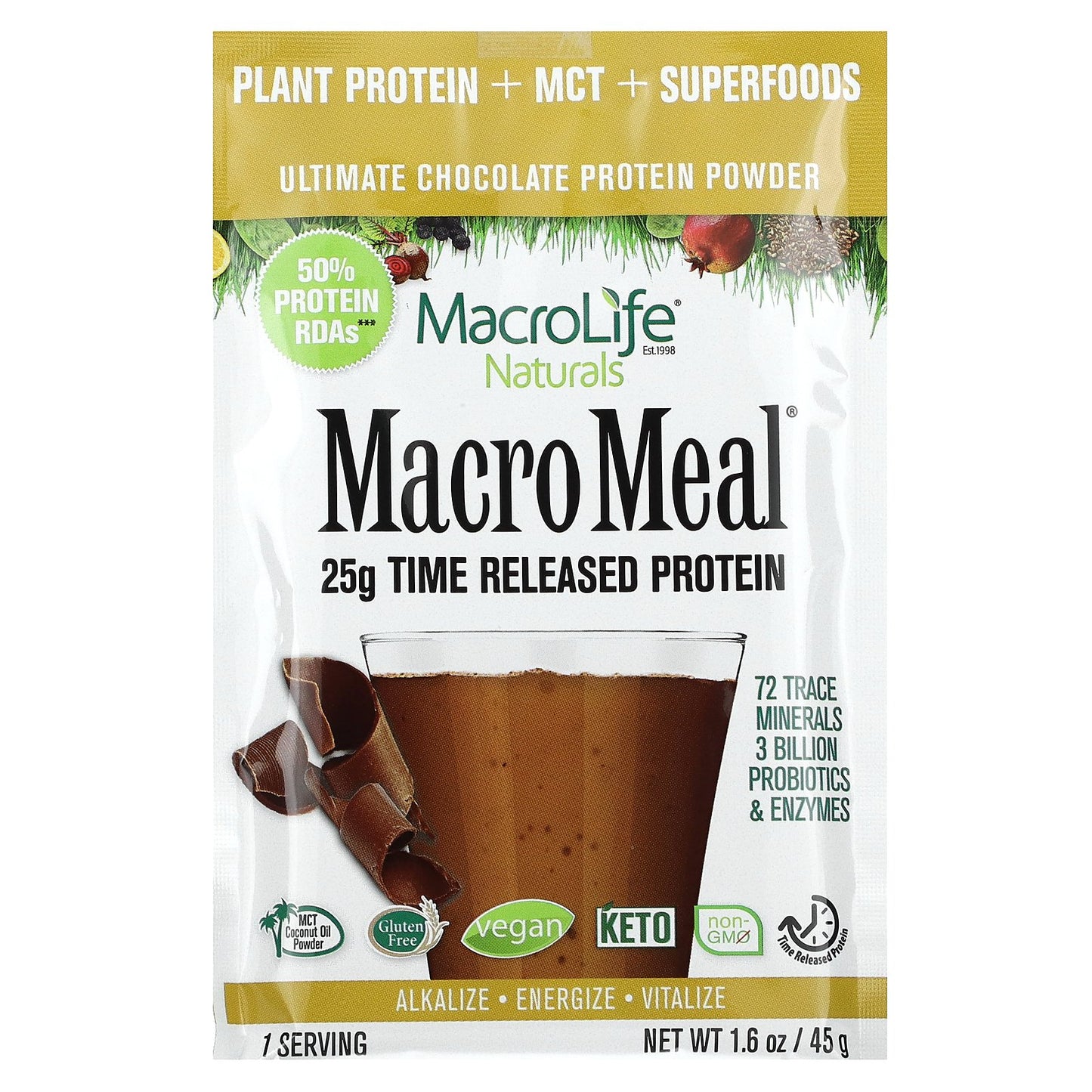 Macrolife Naturals, MacroMeal Ultimate Protein Powder, Chocolate , 10 Packets, 1.6 oz (45 g) Each