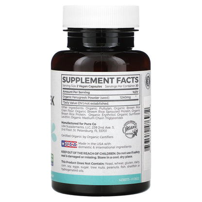 Pure Co., Pure Mom, Organic Fenugreek, 60 Vegan Capsules (620 mg per Capsule)