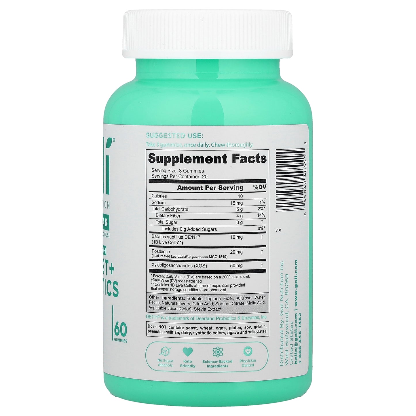 Goli Nutrition, Pre+Post+Probiotics Gummies, Zero Sugar, 60 Gummies