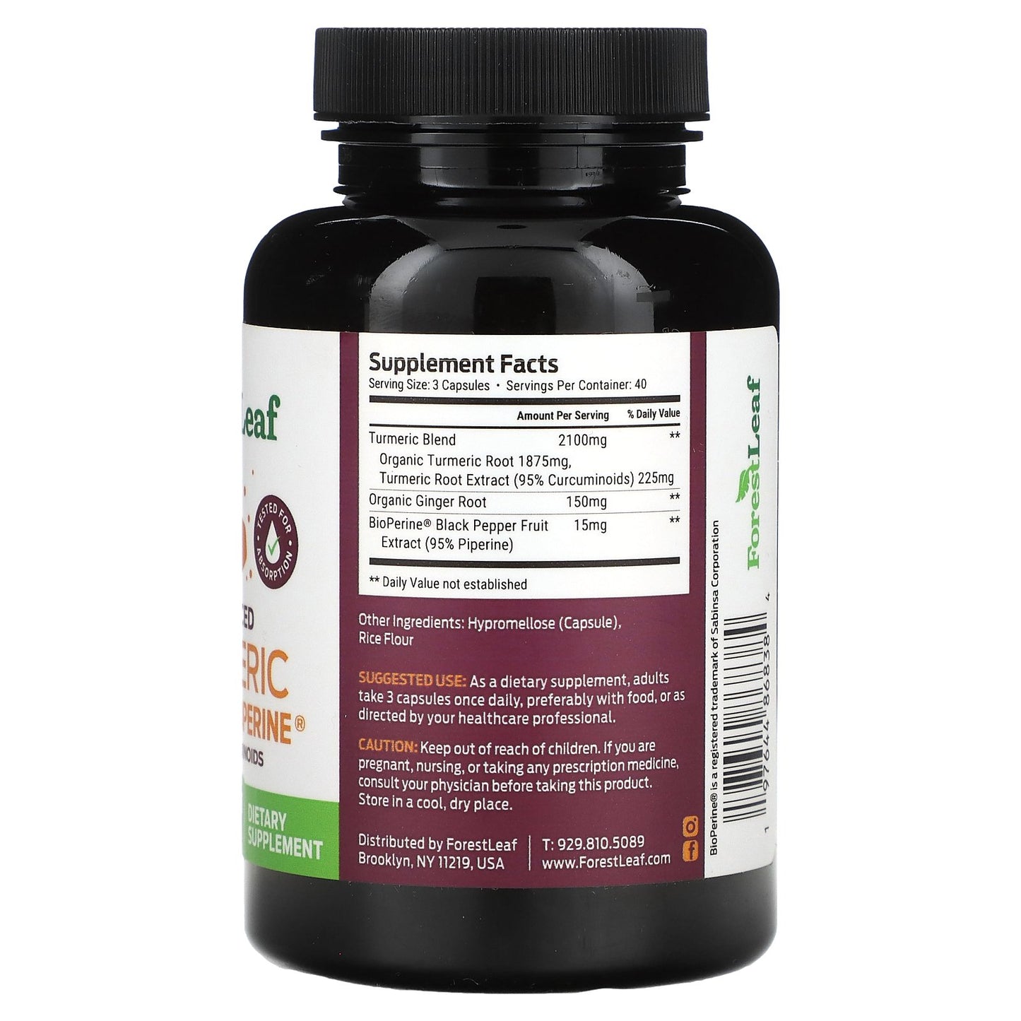 Forest Leaf, Advanced Turmeric Ginger + Bioperine, 2,265 mg, 120 Vegetable Capsules (755 mg per Capsule)