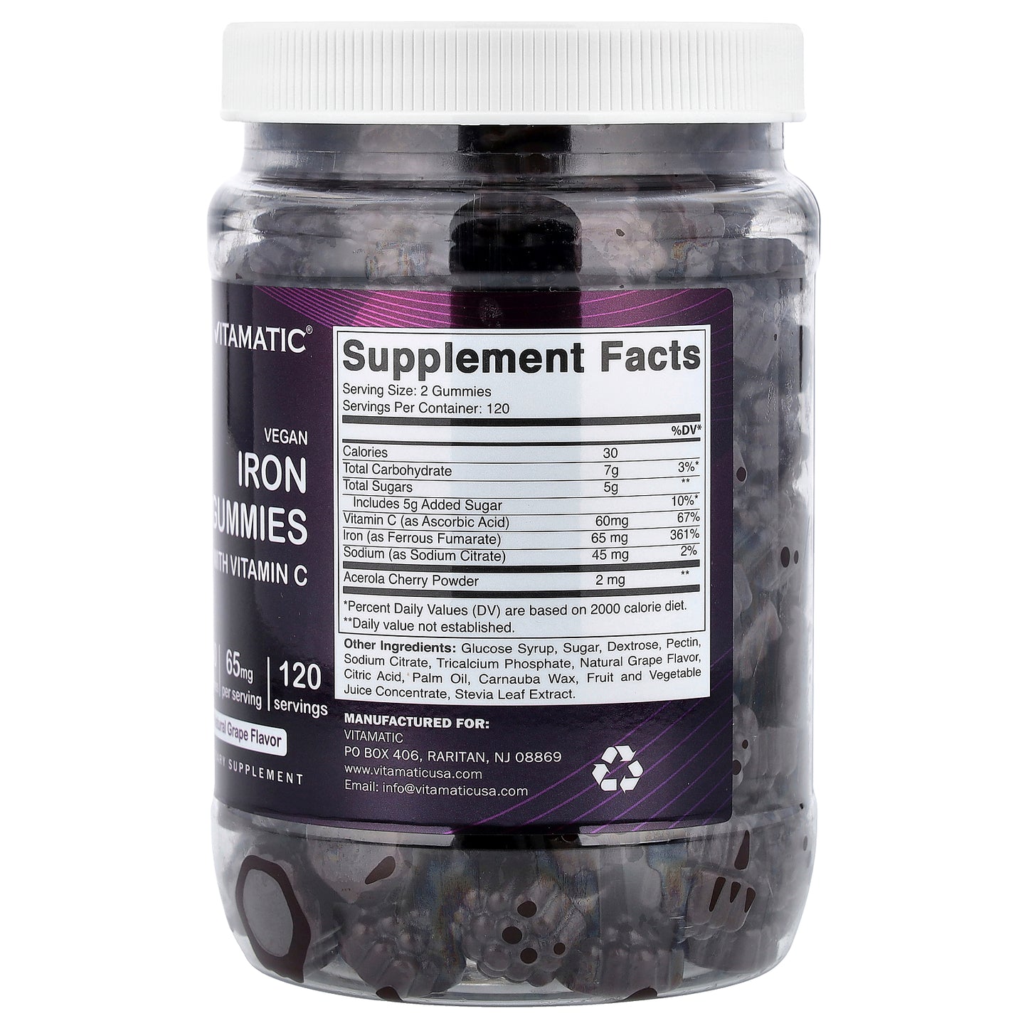 Vitamatic, Vegan Iron Gummies with Vitamin C, Grape, 240 Gummies