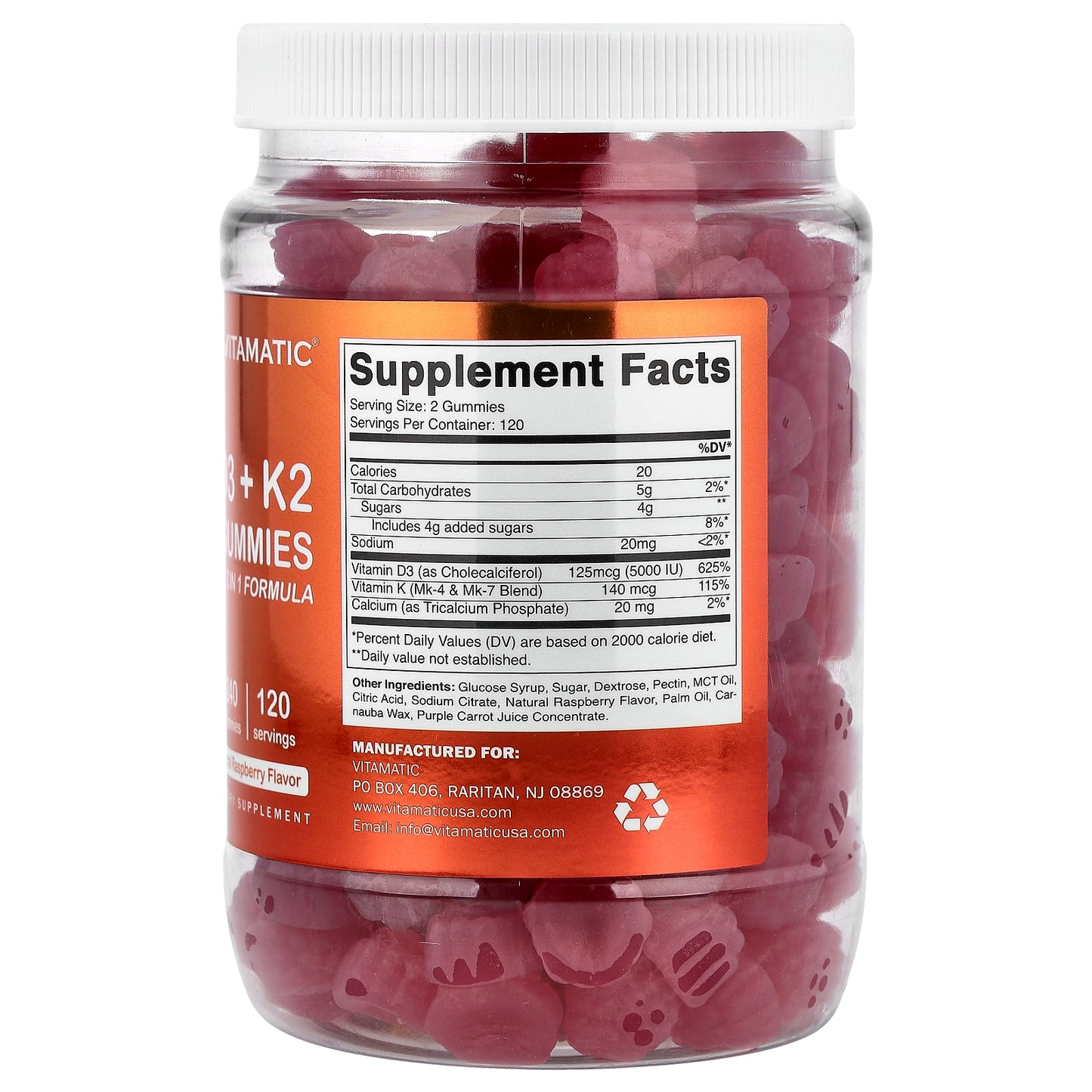 Vitamatic, D3 + K2 Gummies, Natural Raspberry, 240 Gummies