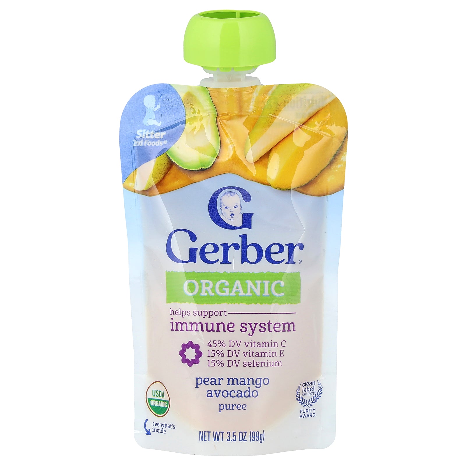 Gerber, Organic Puree, 2nd Foods®, Pear, Mango, Avocado, 3.5 oz (99 g)