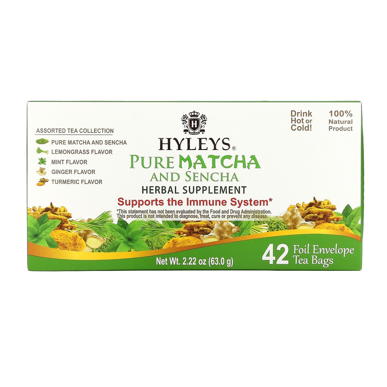 Hyleys Tea, Pure Matcha And Sencha Herbal Supplement, Assorted Tea Collection, 42 Foil Envelope Tea Bags, 0.05 oz (1.5 g) Each