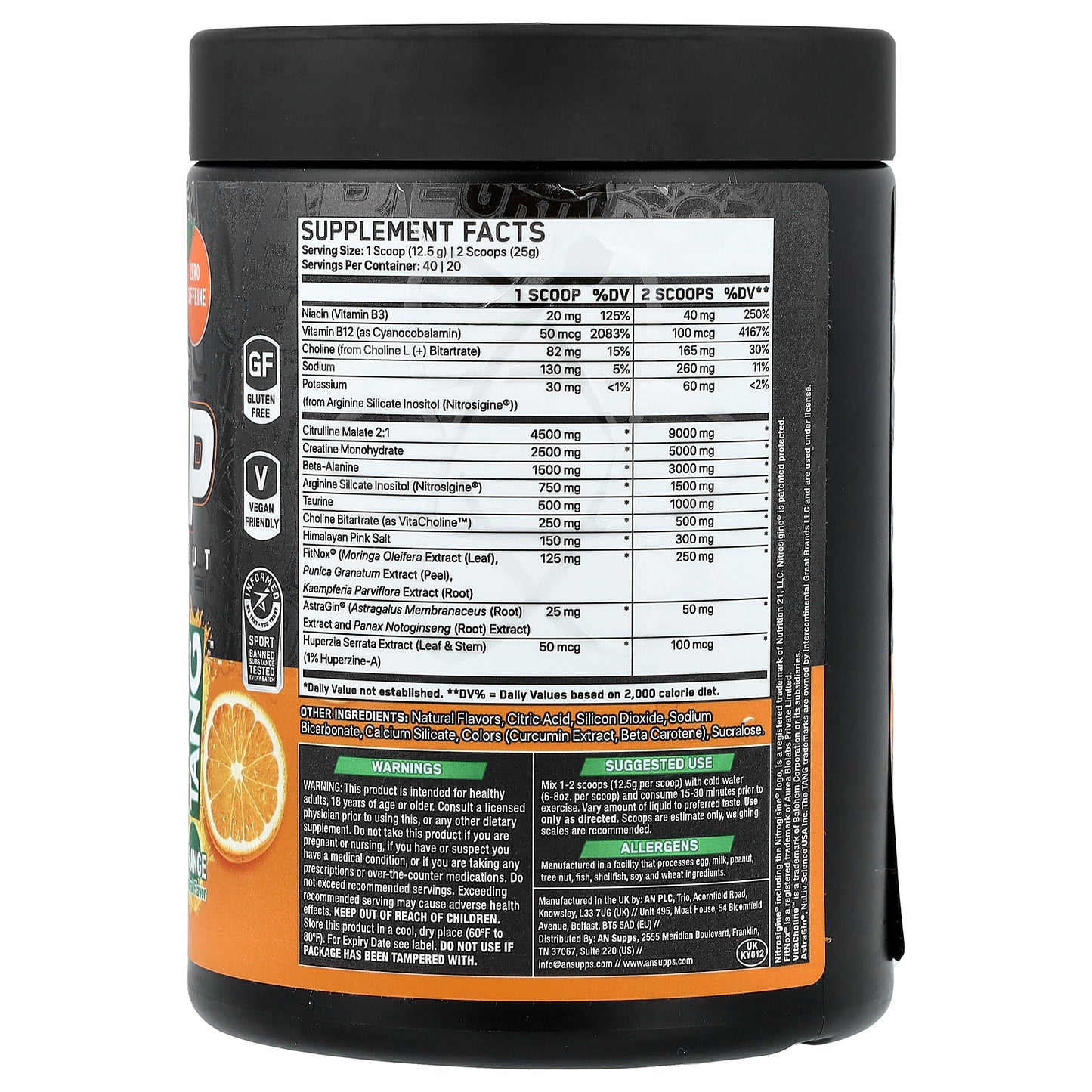 AN Supps, Non-Stim Pump, Pre-Workout, Tang™, Orange, 17.63 oz (500 g)