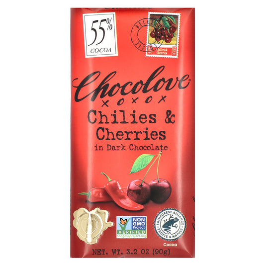 Chocolove, Chilies & Cherries in Dark Chocolate, 55% Cacao, 3.2 oz (90 g)