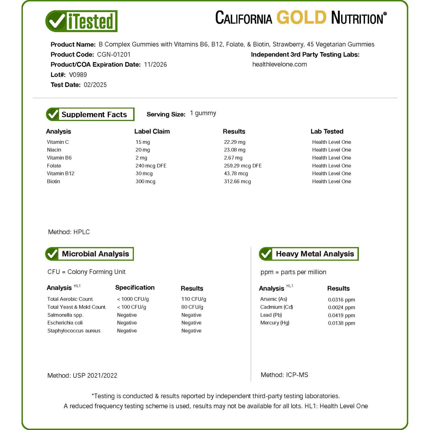 California Gold Nutrition, B Complex Gummies with Vitamins B6 and B12, Folate, and  Biotin, Strawberry, 45 Vegetarian Gummies
