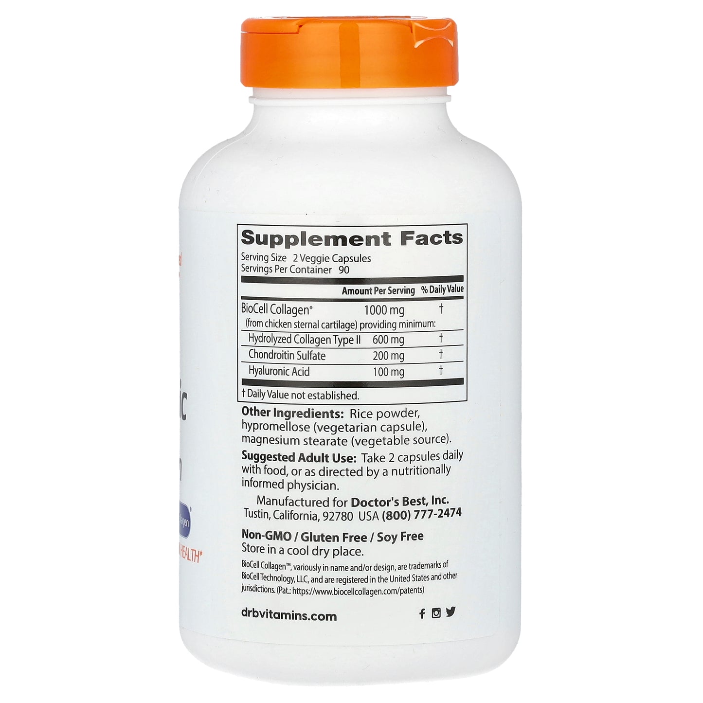 Doctor's Best, Hyaluronic Acid + Chondroitin Sulfate with BioCell Collagen, 180 Veggie Capsules