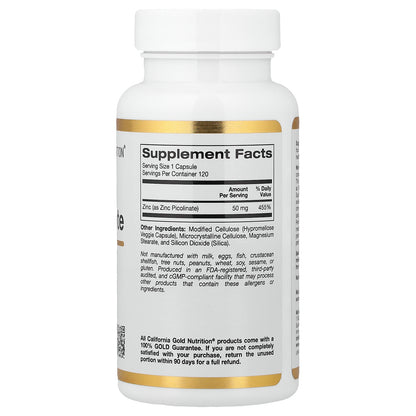 California Gold Nutrition, Zinc Picolinate, 50 mg, 120 Veggie Capsules