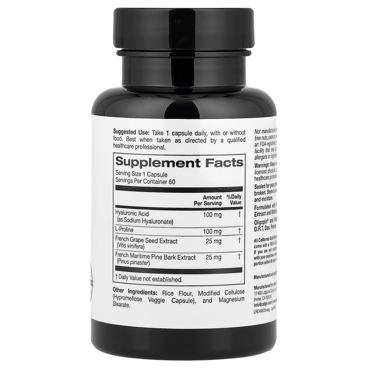 California Gold Nutrition, Hyaluronic Acid Complex with L-Proline, French Grape Seed and French Maritime Pine Bark Extract, 60 Veggie Capsules