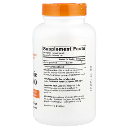 Doctor's Best, Alpha-Lipoic Acid 600, 600 mg, 180 Veggie Caps