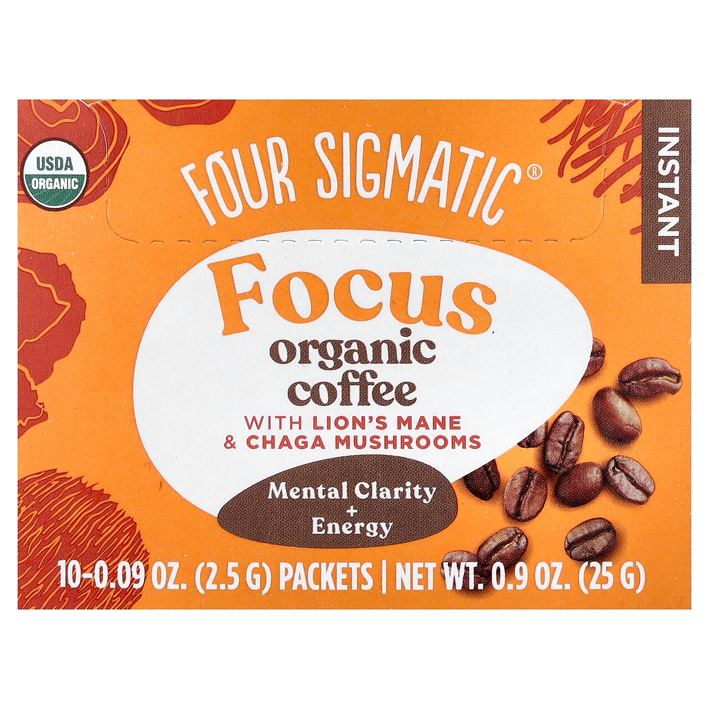 Four Sigmatic, Focus, Instant Organic Coffee with Lion's Mane & Chaga Mushrooms, Medium Roast, 10 Packets, 0.09 oz (2.5 g) Each