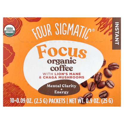 Four Sigmatic, Focus, Instant Organic Coffee with Lion's Mane & Chaga Mushrooms, Medium Roast, 10 Packets, 0.09 oz (2.5 g) Each