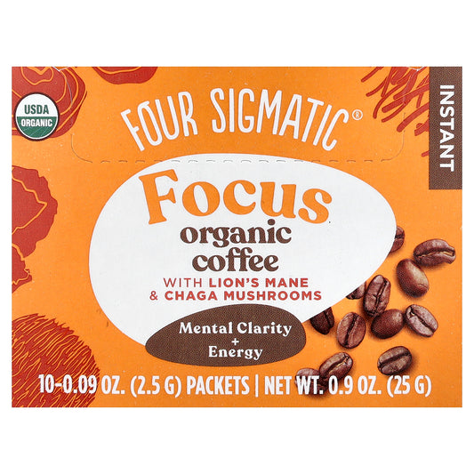 Four Sigmatic, Focus, Instant Organic Coffee with Lion's Mane & Chaga Mushrooms, Medium Roast, 10 Packets, 0.09 oz (2.5 g) Each