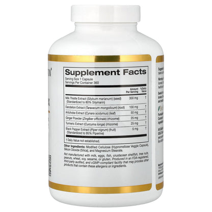 California Gold Nutrition, Silymarin Complex with Milk Thistle Extract Plus Dandelion, Artichoke, Ginger, and BioPerine®, 360 Veggie Capsules