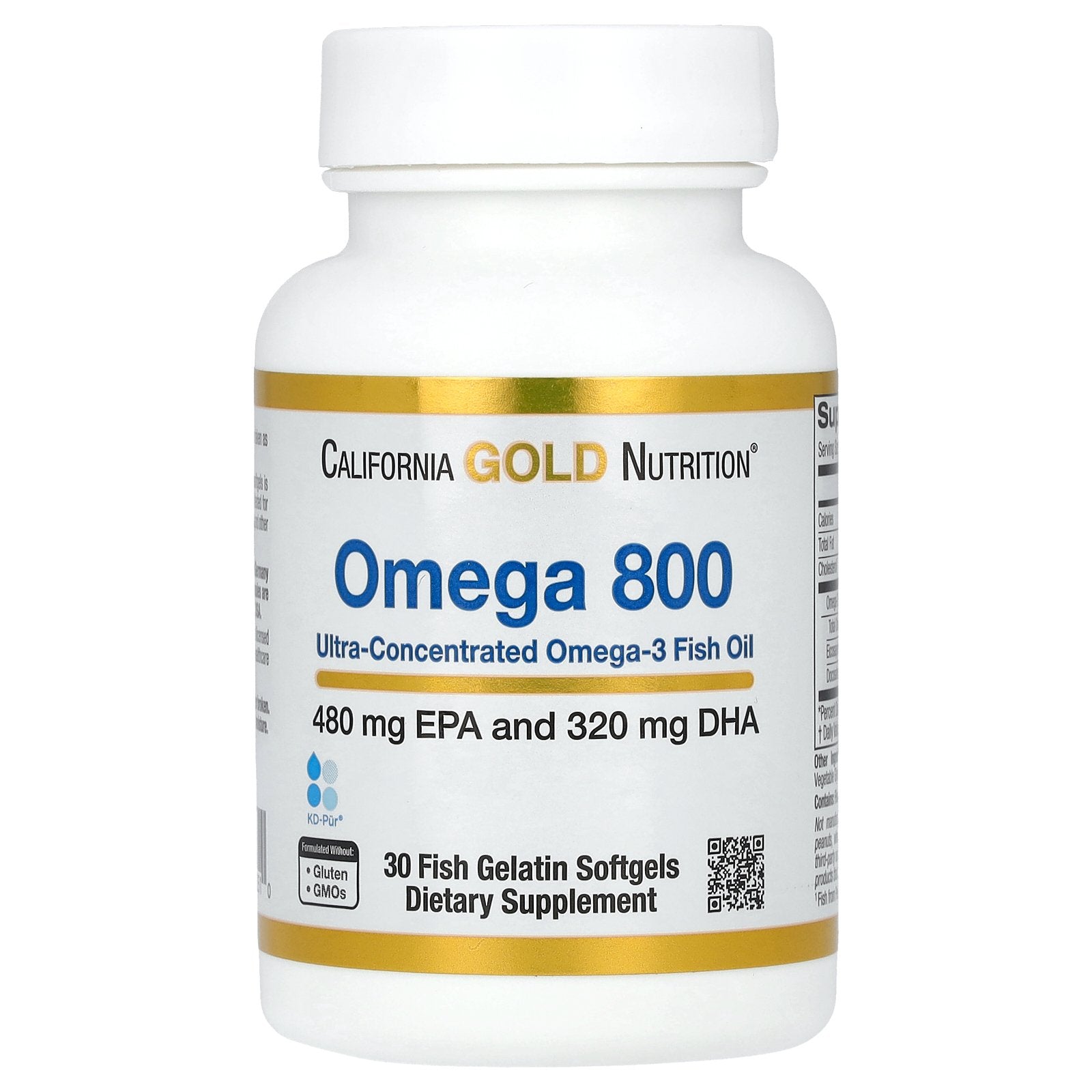California Gold Nutrition, Omega 800 Ultra-Concentrated Omega-3 Fish Oil, kd-pur Triglyceride Form, 1,000 mg, 30 Fish Gelatin Softgels