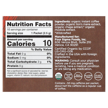 Four Sigmatic, Focus, Instant Organic Coffee with Lion's Mane & Chaga Mushrooms, Medium Roast, 10 Packets, 0.09 oz (2.5 g) Each