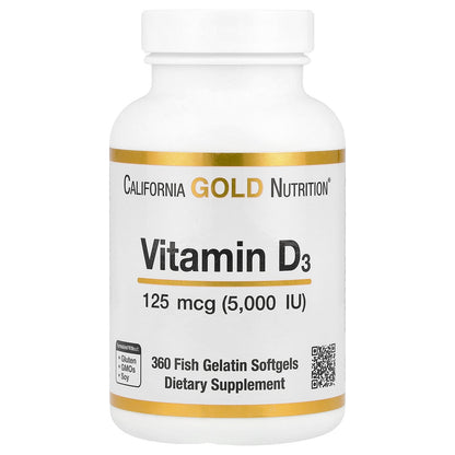 California Gold Nutrition, Vitamin D3, 125 mcg (5,000 IU), 360 Fish Gelatin Softgels