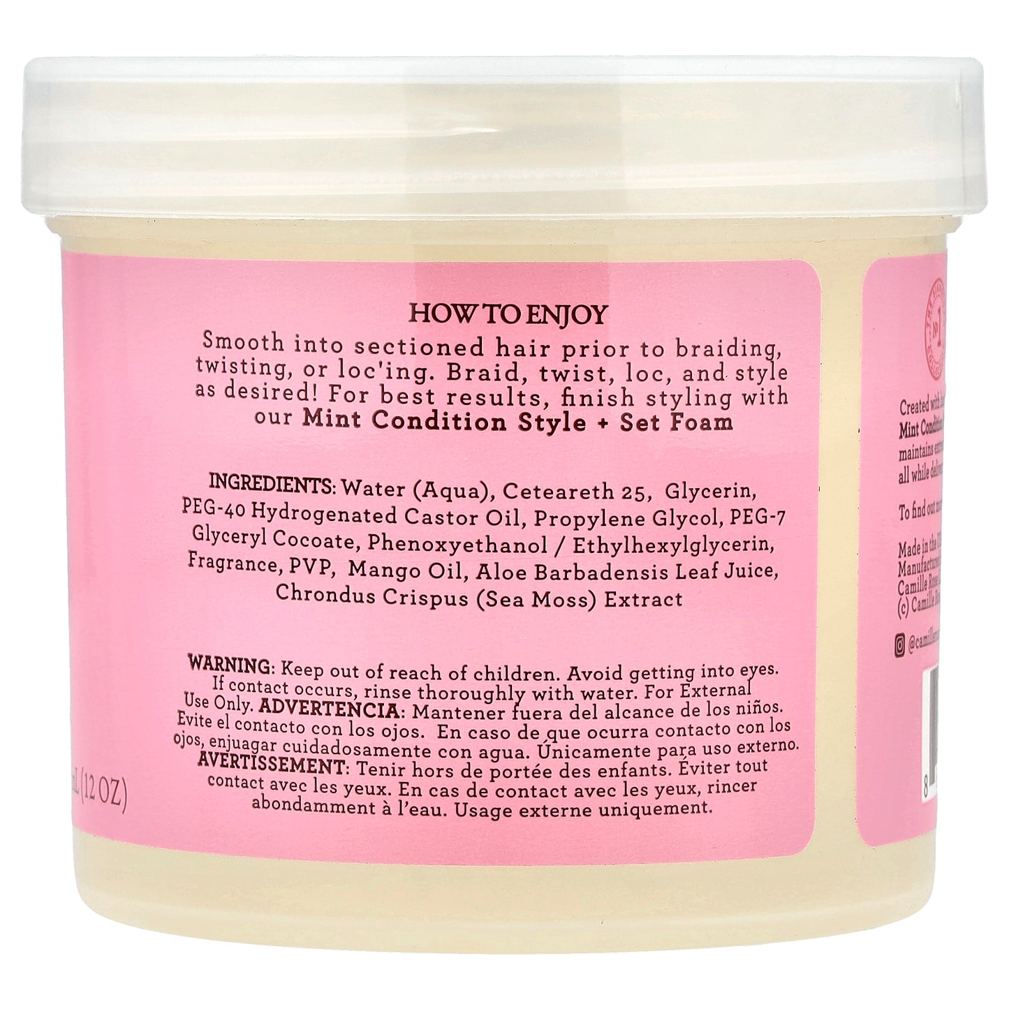 Camille Rose, Mint Condition Nourishing Braiding Gel, Extreme Hold, Sea Moss & Aloe Vera, 12 oz (355 ml)