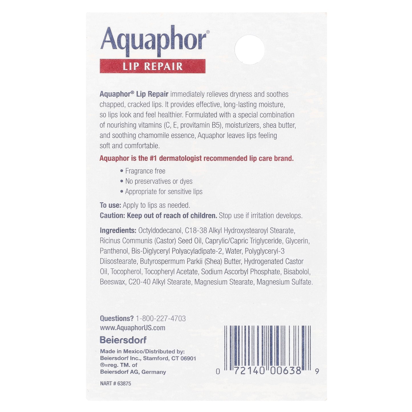 Aquaphor, Lip Repair, Immediate Relief, Fragrance Free, 0.35 fl oz (10 ml)